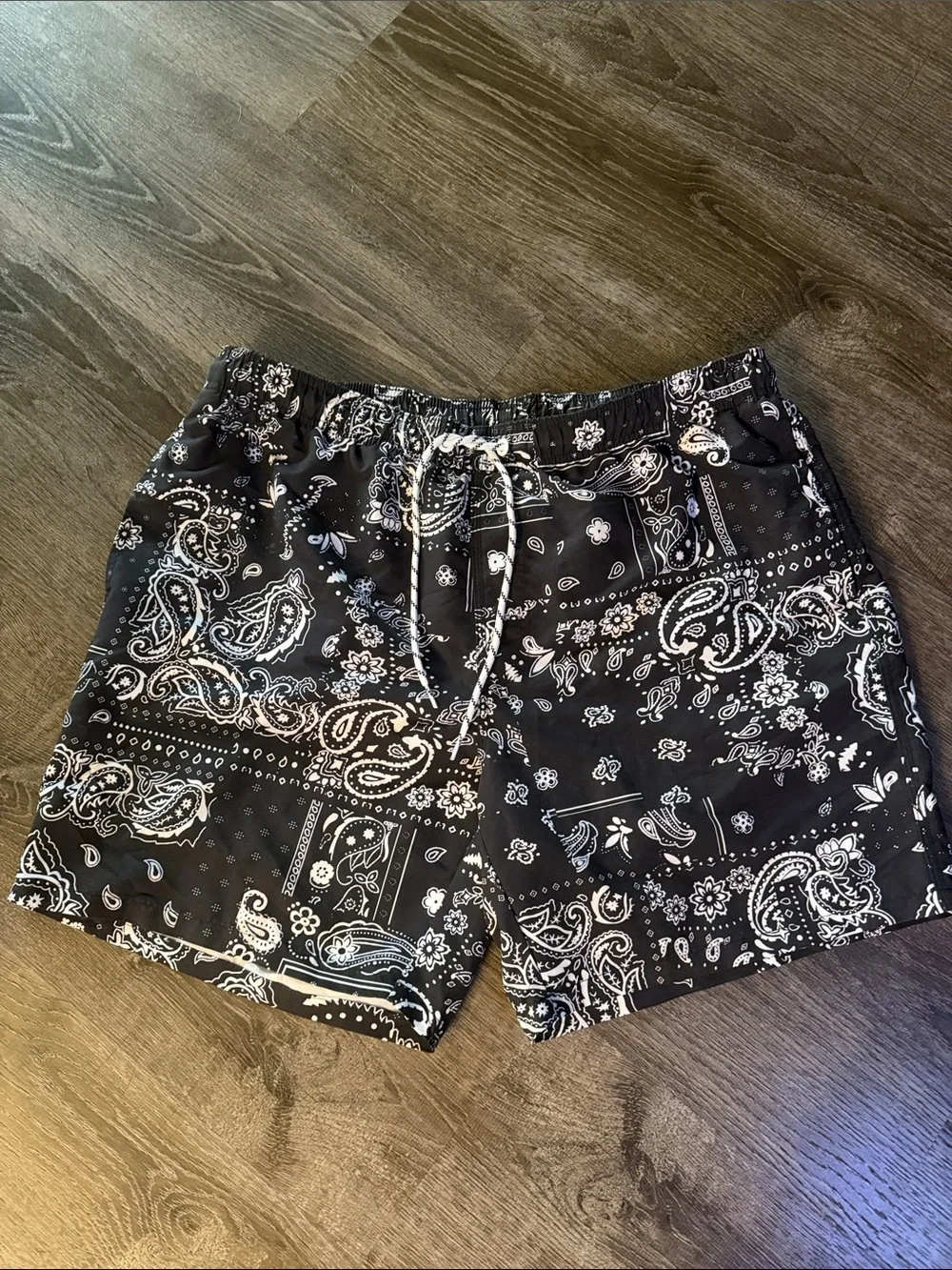 SHEIN Black Paisley Print Swim Trunks